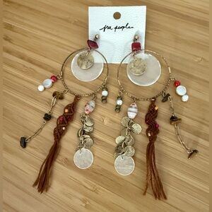 Free People Bohemian Earrings Coco Bongo Dangles Gold Tone Maroon Coastal NWT